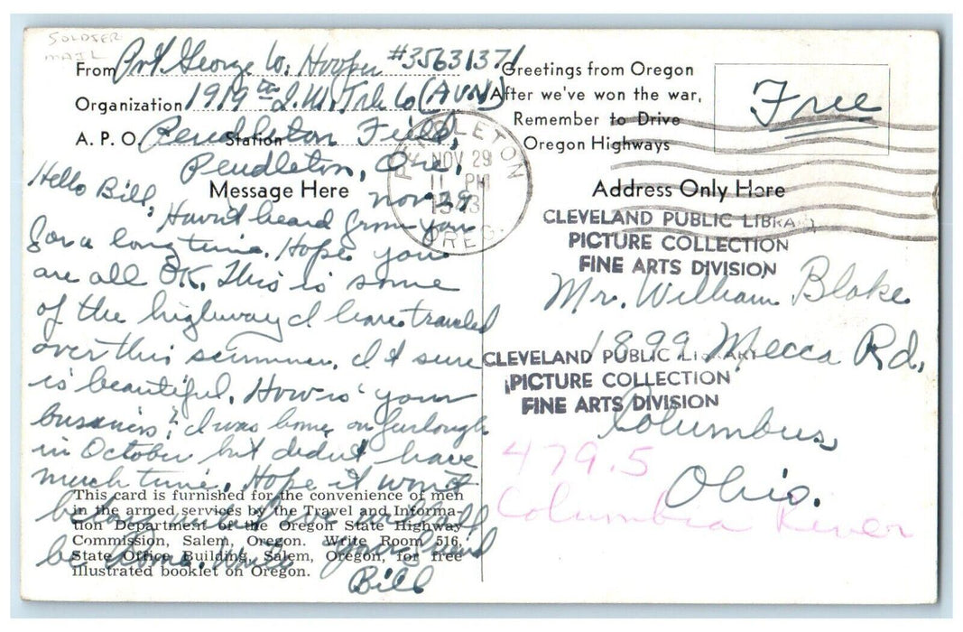 Vista Of Green Oregon's Columbia River Hwy Pendleton OR Soldier Mail Postcard
