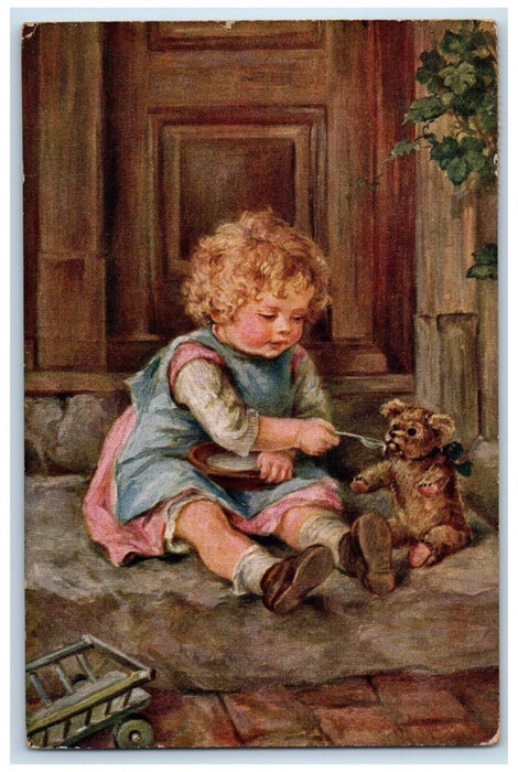 1912 Little Girl Curly Hair Feed Doll Toy Germany Posted Antique Postcard