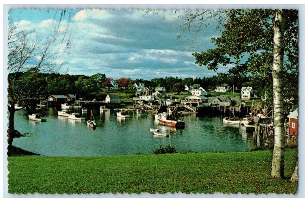 1978 New Harbor Lake Sailboat Fishing Boat Dock Place Houses Maine ME Postcard
