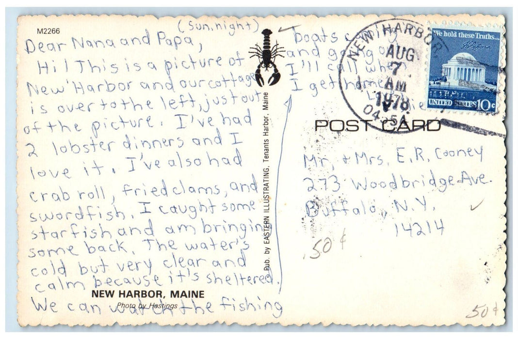 1978 New Harbor Lake Sailboat Fishing Boat Dock Place Houses Maine ME Postcard