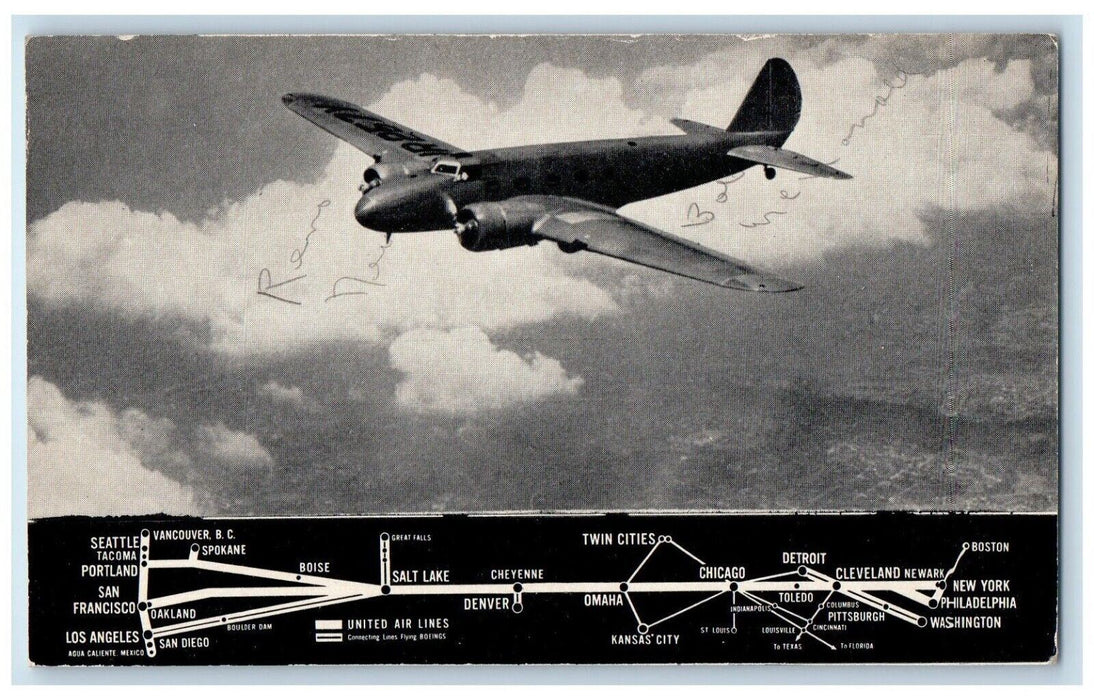 c1940's United Airlines Issued Modern Pony Express Airplane Map Postcard
