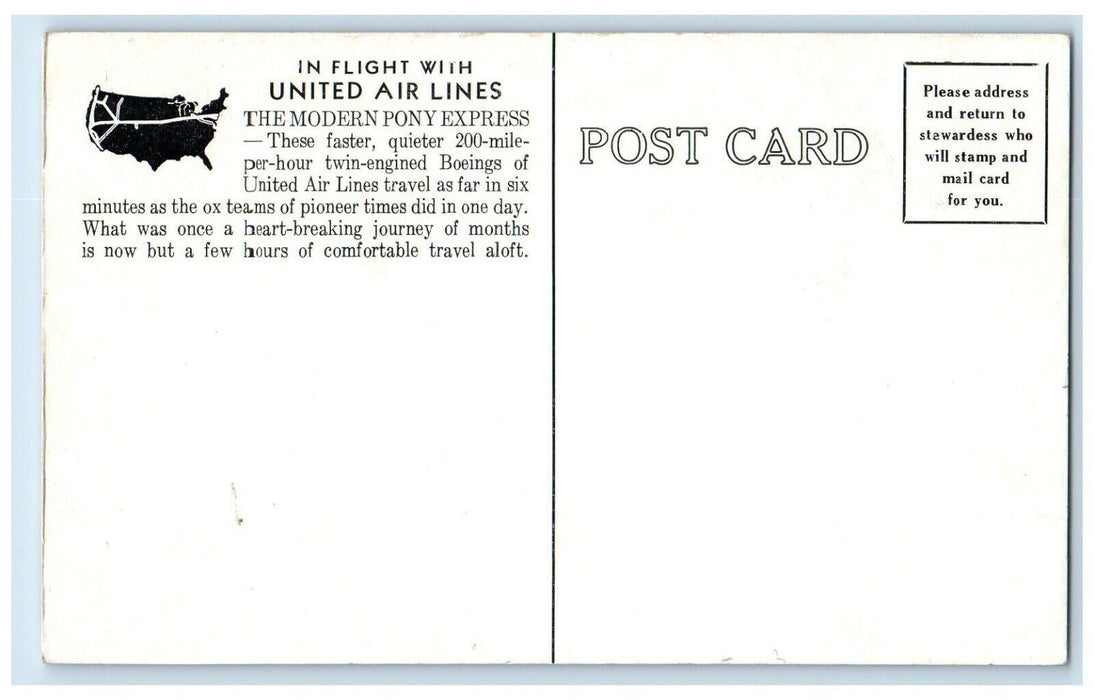 c1940's United Airlines Issued Modern Pony Express Airplane Map Postcard