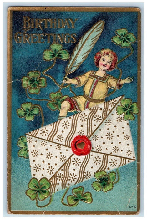 c1910's Birthday Greetings Shamrock Child Letter Ink Quill Embossed Postcard