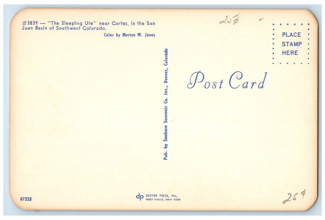 c1950 The Sleeping Ute Mountain Lake View San Juan Basin Colorado CO Postcard