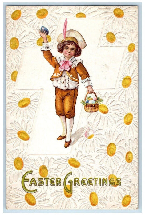 Easter Greetings Holy Cross Boy Egg Basket Daisy Flowers Embossed Postcard