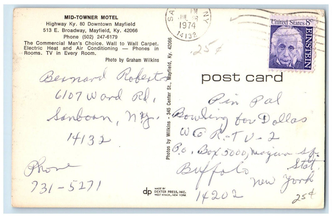 1974 Mid Towner Motel Lodge Restaurant Classic Car Mayfield Kentucky KY Postcard