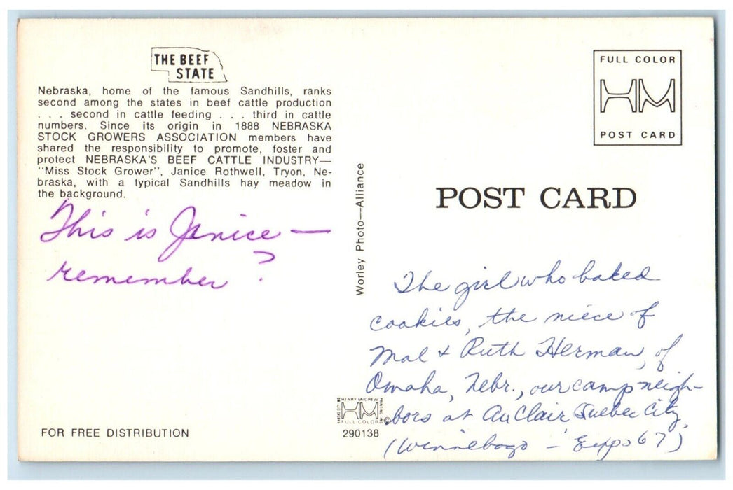 c1960 Janice Rothwell Nebraska Stock Growers Association Beef State NE Postcard