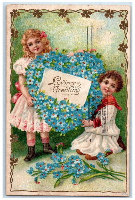 c1910's Loving Greetings Children Heart Pansies Flowers Embossed Posted Postcard