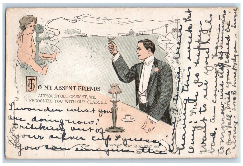 1906 Undressed Boy Telephone Man Champagne Washington DC Posted Antique Postcard