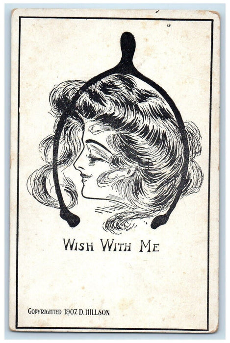 c1910's Pretty Woman Wishbone Drawing Wish With Me Posted Antique Postcard