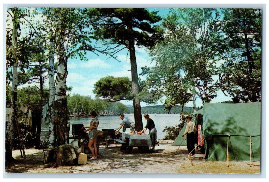 1964 Camp Scene Fish Creek Public Campsite Adirondack Mountain New York Postcard