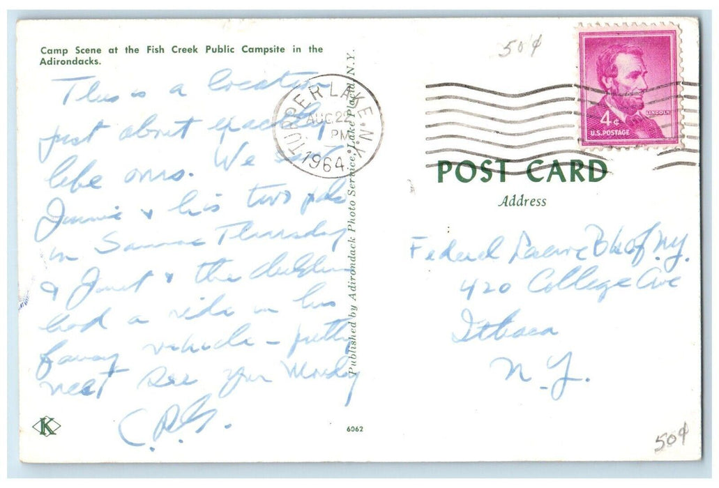 1964 Camp Scene Fish Creek Public Campsite Adirondack Mountain New York Postcard
