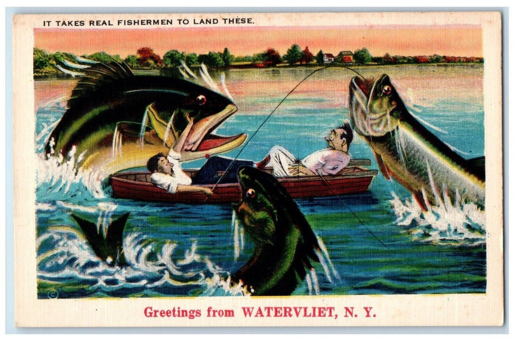 c1940 It Takes Real Fishermen Land Exaggerated Watervliet New York NY Postcard