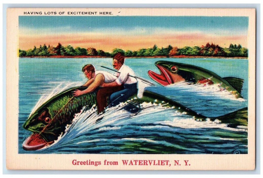 c1940 Greetings Watervliet New York Having Lots Excitement Exaggerated Postcard