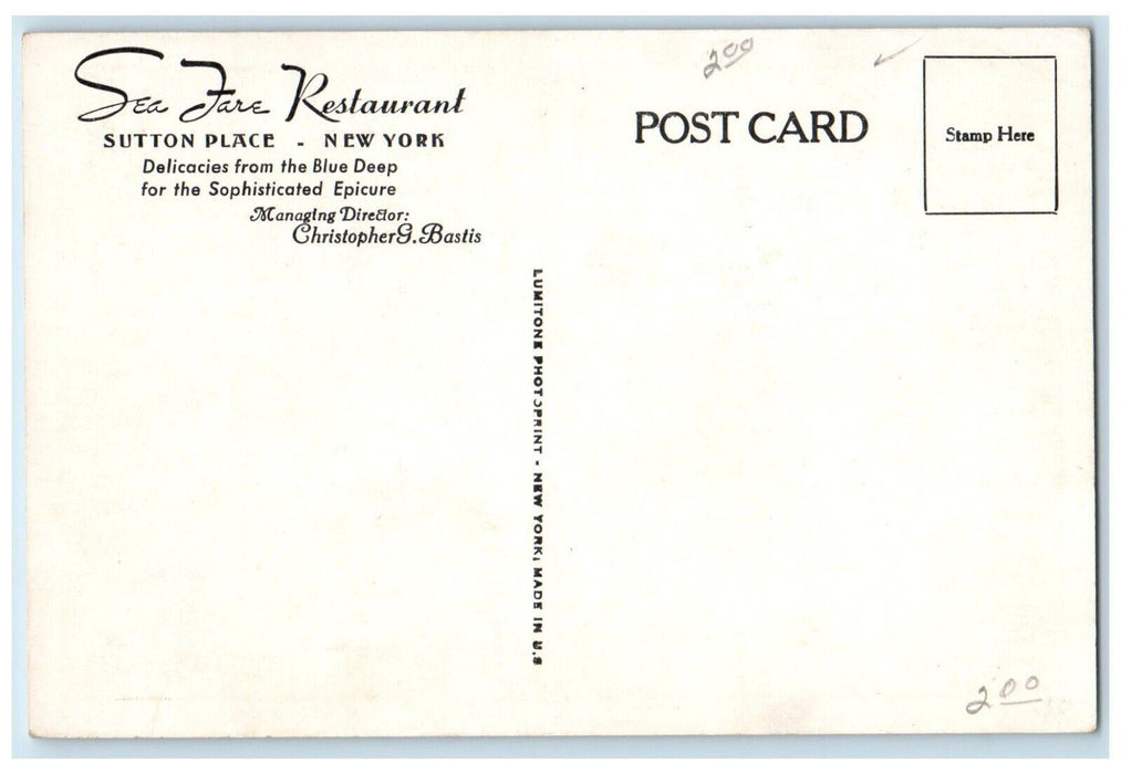 c1940 Sea Fare Restaurant Interior Blue Deep Sutton Place New York NY Postcard