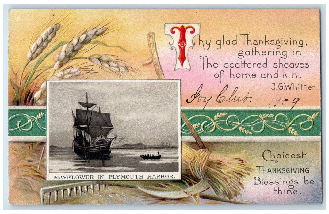 1910 Thanksgiving Mayflower Plymouth Harbor Boat Wheat Winsch Back Postcard