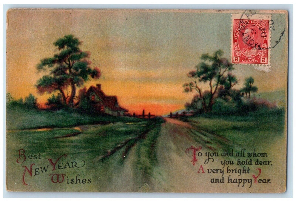 c1910's New Year Wishes House Road Trees Wolf Art Montreal Canada Postcard