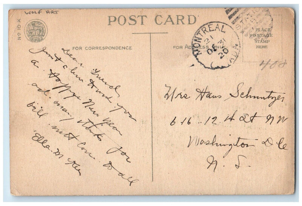c1910's New Year Wishes House Road Trees Wolf Art Montreal Canada Postcard