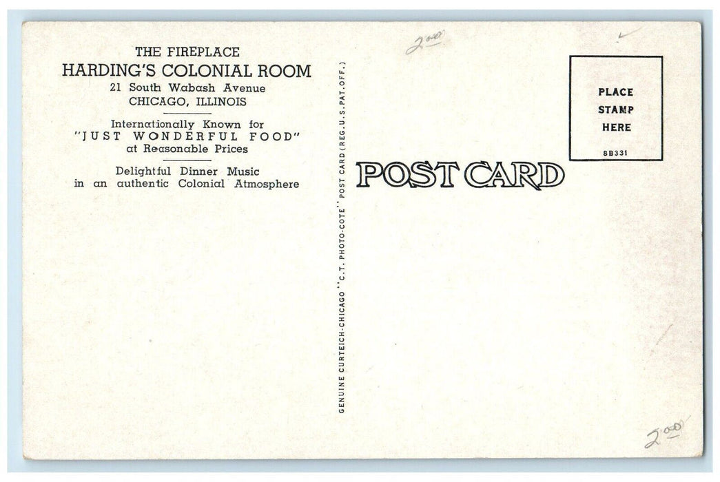 c1940 Fireplace Hardings Colonial Room Avenue Interior Chicago Illinois Postcard
