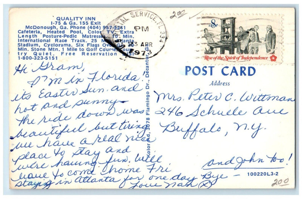 1973 Quality Inn Mcdonough Multiview Georgia Rise Spirit Independence Postcard