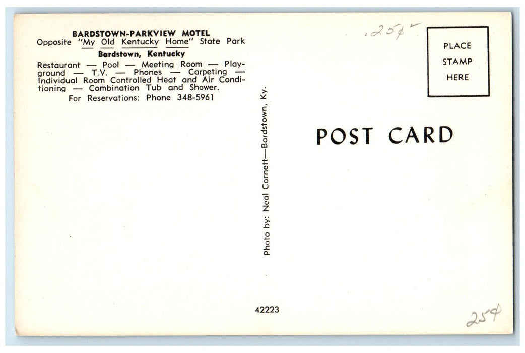 c1950 Bardstown Parkview Motel State Park Restaurant Classic Car KY Postcard