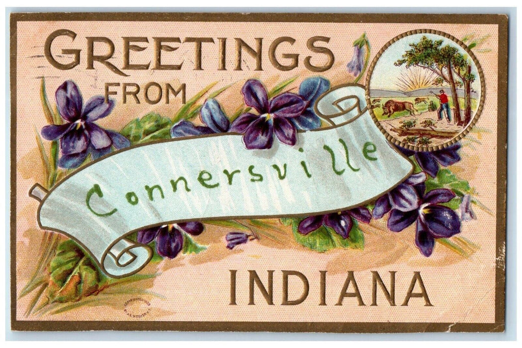 1910 Greetings From Connersville Indiana Embossed Banner Flower Vintage Postcard