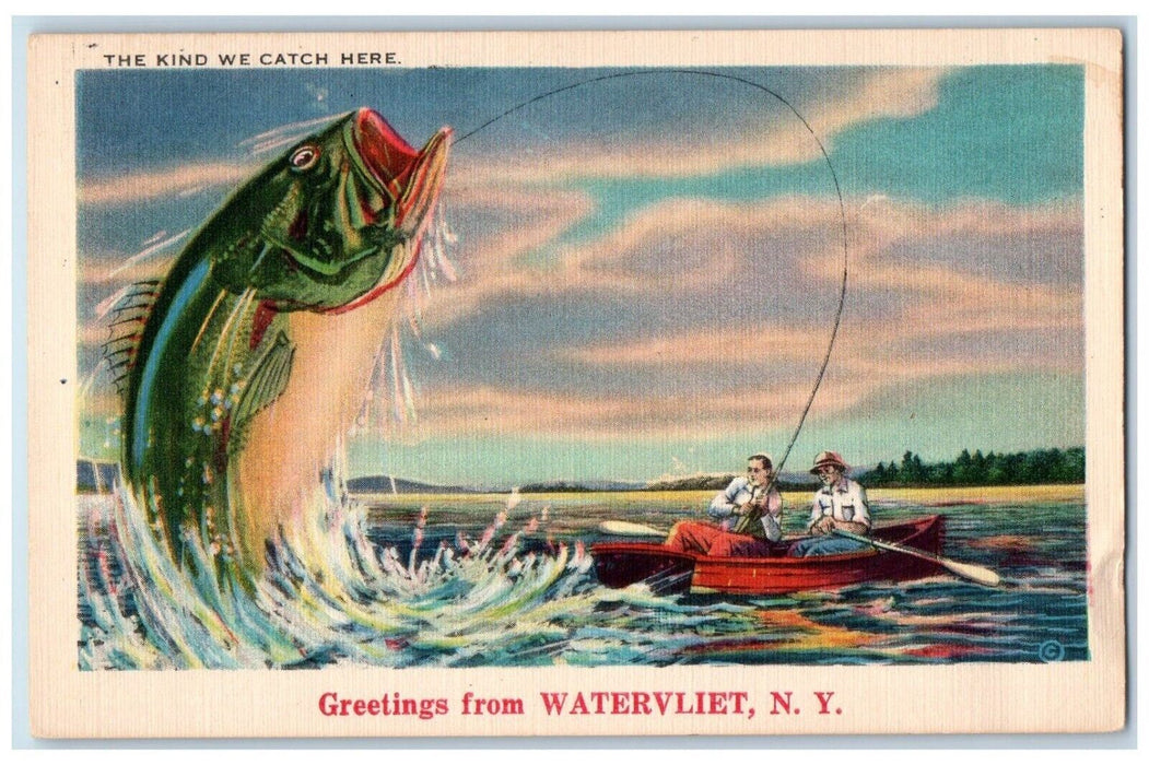 c1940 Greetings From Watervliet Fish Fishing Exaggerated Boat New York Postcard