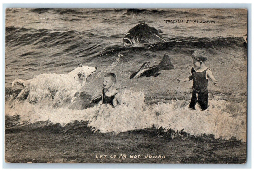 c1920s Exaggerated Fishing Fish Children Swimming Allegany MI Johnson Postcard