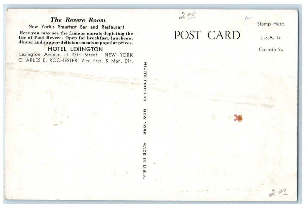 c1950 Revere Room Smartest Bar Restaurant Hotel Lexington New York NY Postcard