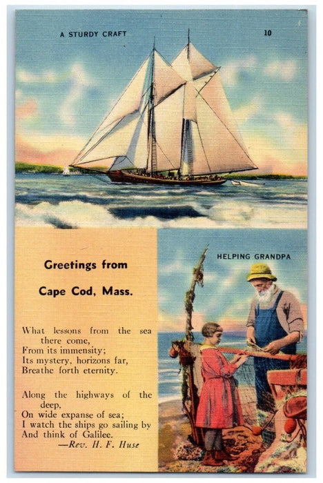 c1940 Greetings Cape Cod Sturdy Craft Helping Grandpa Massachusetts MA Postcard