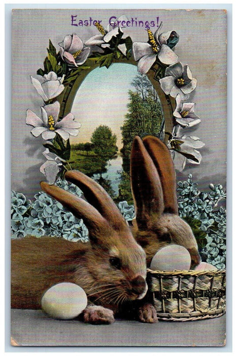 c1910's Easter Greetings Bunny Rabbit Eggs Lilies Flowers Antique Gel Postcard