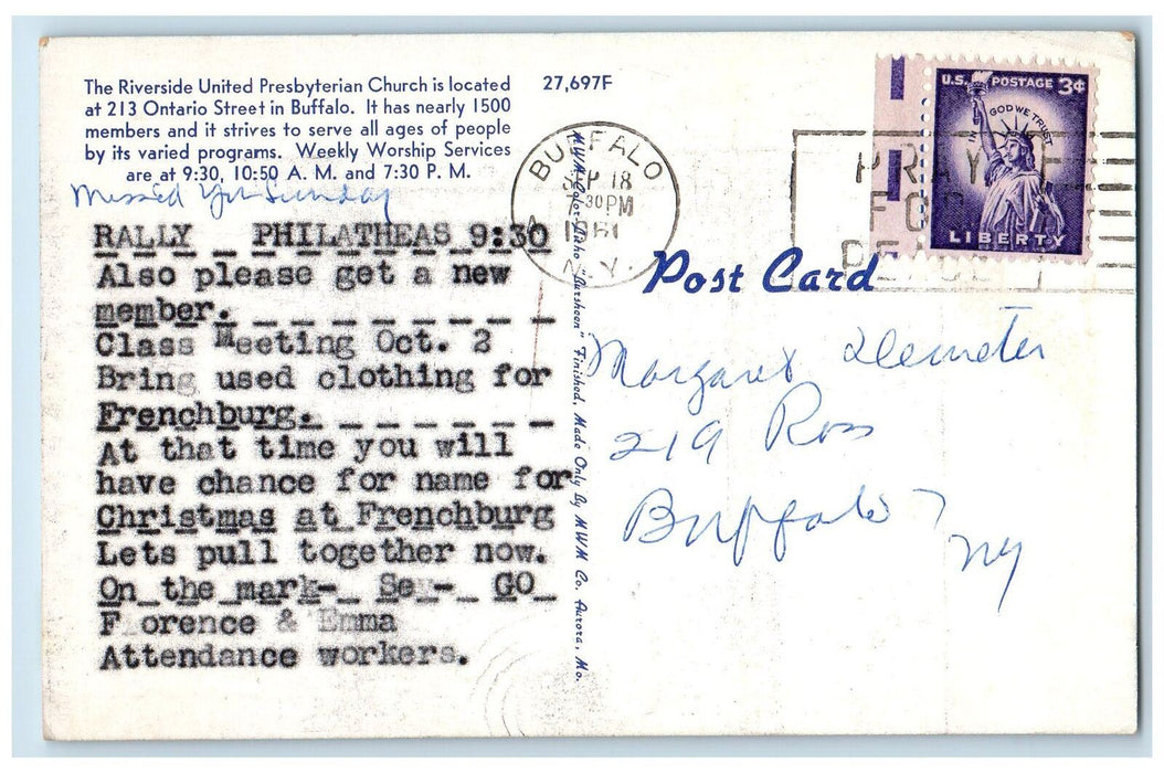 1961 Riverside Presbyterian Church Worship Ontario Buffalo New York NY Postcard