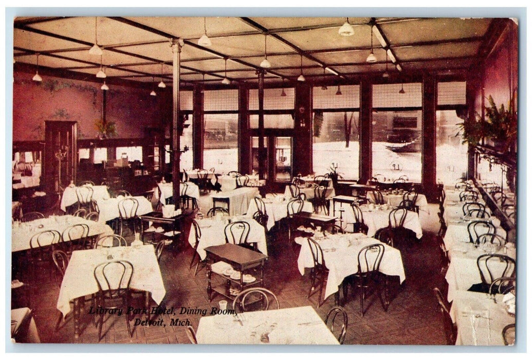 c1910 Library Park Hotel Dining Room Restaurant Chairs Detroit Michigan Postcard