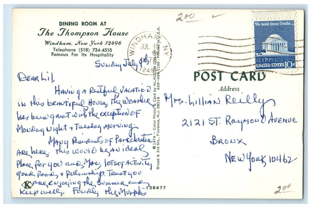 1973 Dining Room Thompson House Interior Restaurant Windham New York NY Postcard