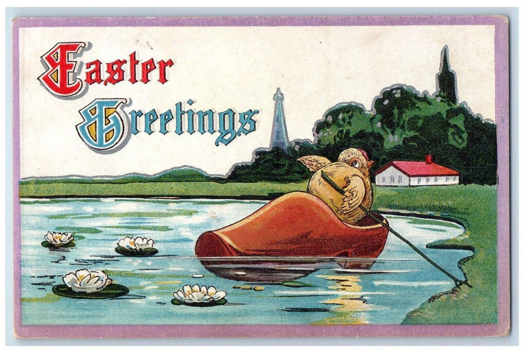 c1910's Easter Greetings Chick River Boat Shoes Flowers Embossed Postcard