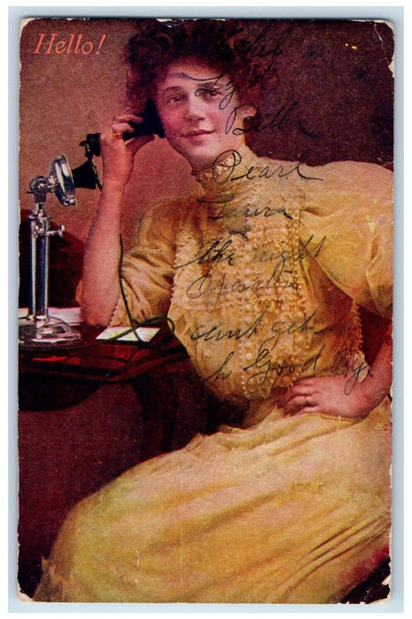 1908 Pretty Woman Dress Talking Telephone Posted Antique Postcard