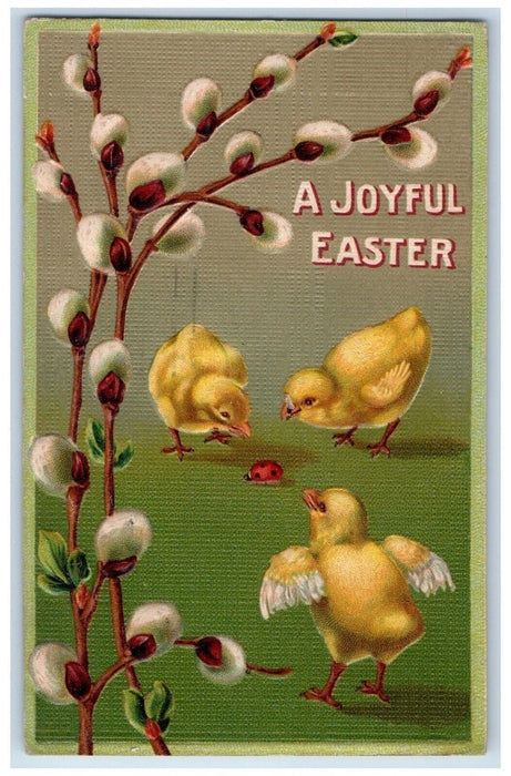 1913 Joyful Easter Chicks Lady Bug Flowers Embossed Posted Antique Postcard