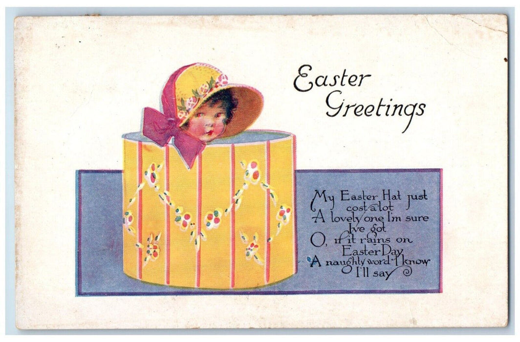 1924 Easter Greetings Little Girl Hat Box Embossed Posted Antique Postcard