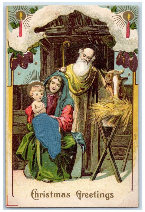 c1910's Easter Greetings Baby Jesus Pine Cone Candles Religious Winter Postcard