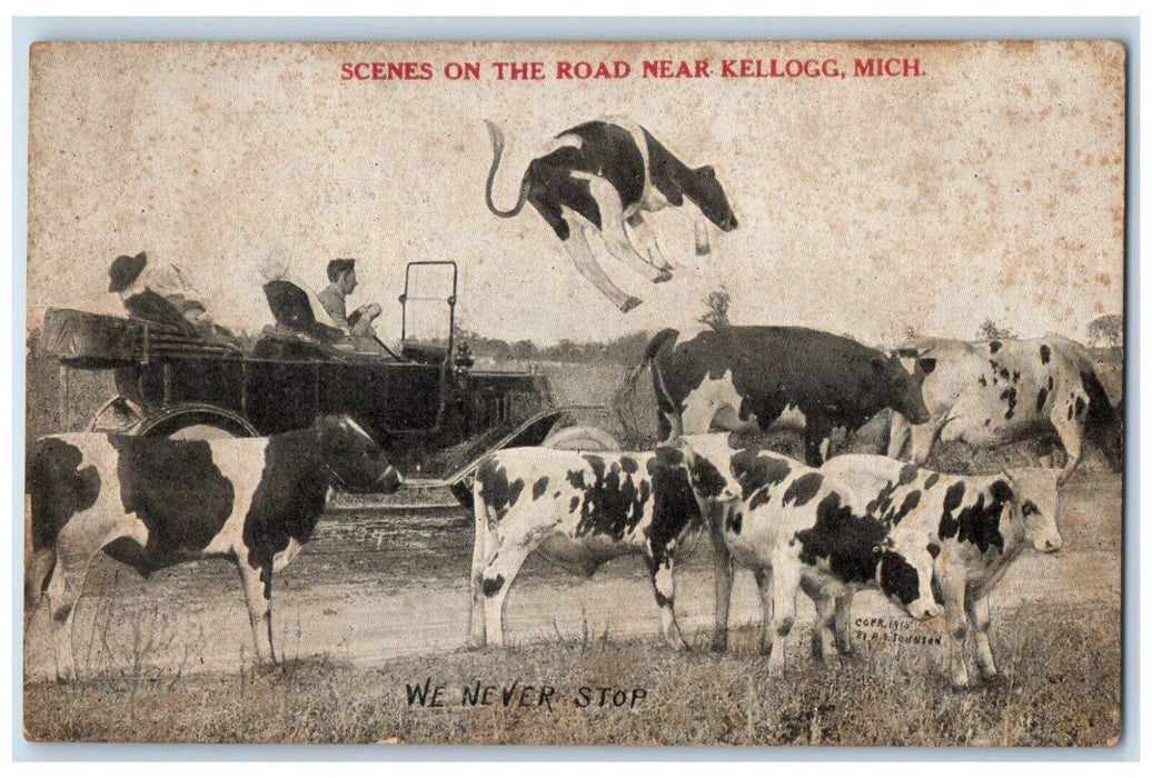 1961 Scenes Road Near Kellogg Michigan Floating Cow Exaggerated Vintage Postcard