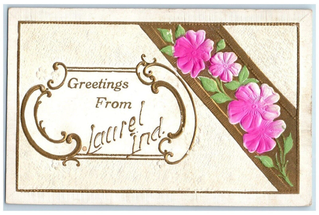 1910 Greetings From Laurel Indiana Flower Embossed Flower Vintage BannerPostcard