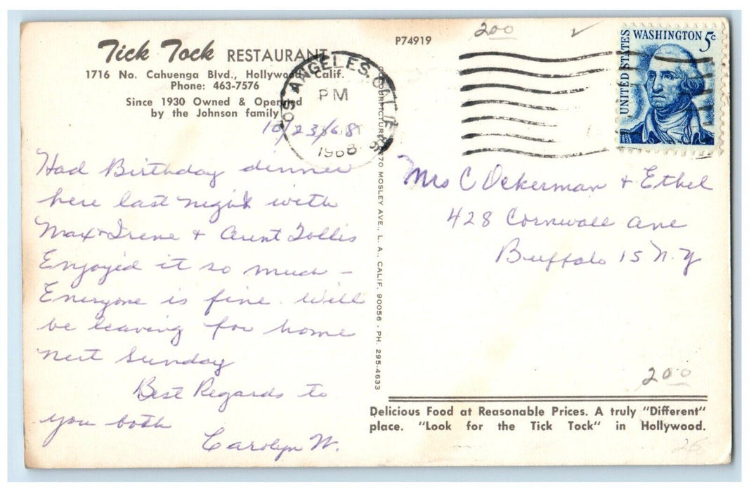 1988 Tick Tock Restaurant Interior Cahuenga Blvd Hollywood California Postcard