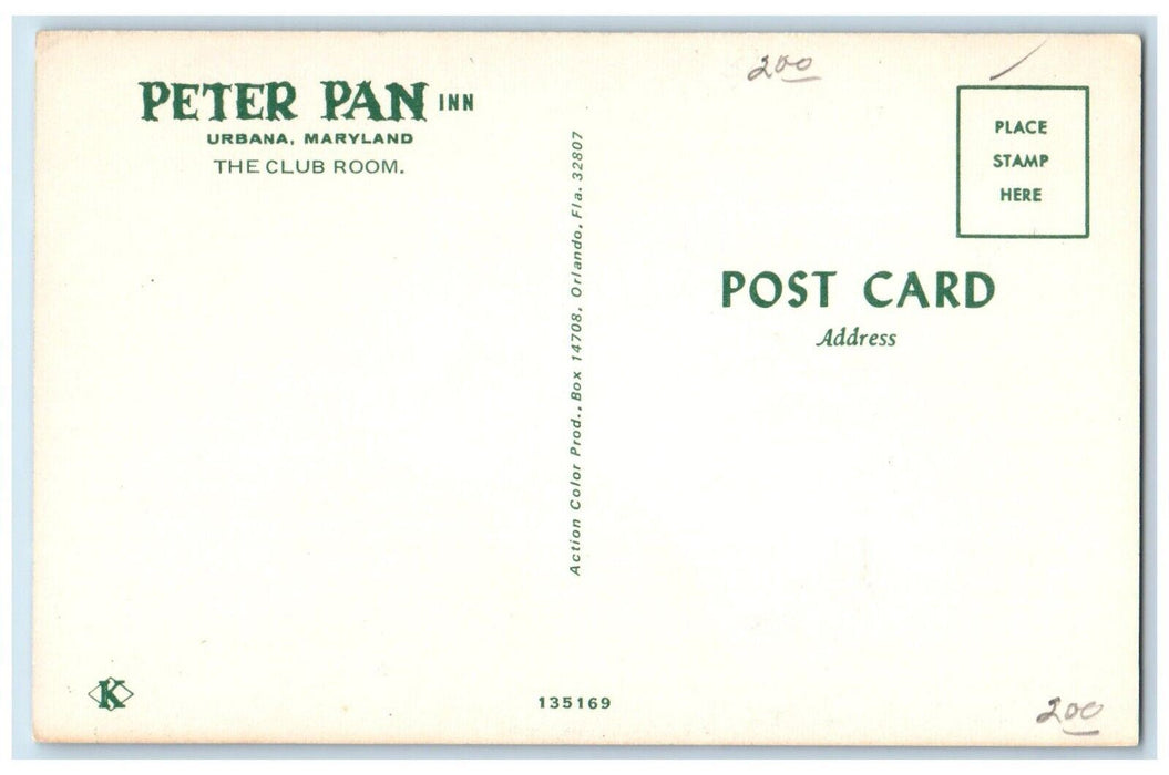 c1960 Peter Pan Inn Interior Restaurant Table Urbana Maryland Club Room Postcard