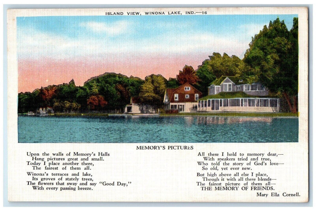 c1940 Island View Poem Memory's Pictures Winona Lake Indiana Mary Ella Postcard