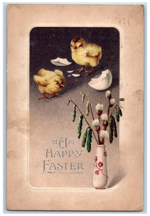 1910 Happy Easter Chicks Hatched Egg Cattails Vase Clapsaddle Antique Postcard