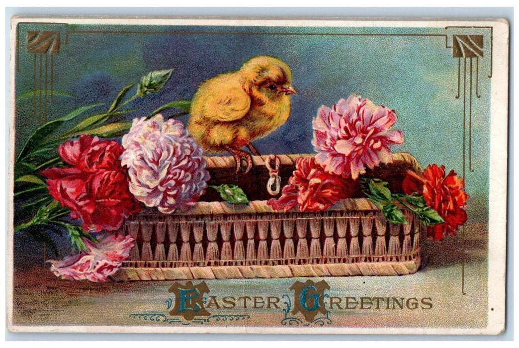 c1910's Easter Greetings Chick Flowers Basket Embossed Posted Antique Postcard