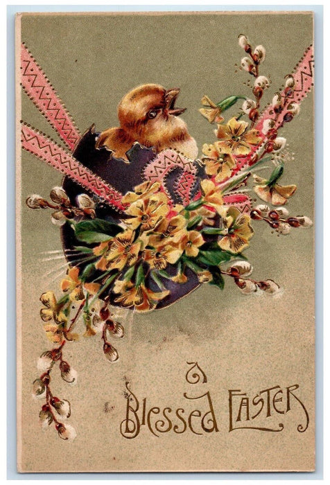 c1910's Easter Hanging Hatched Egg Chick Pansies Flowers Embossed Postcard