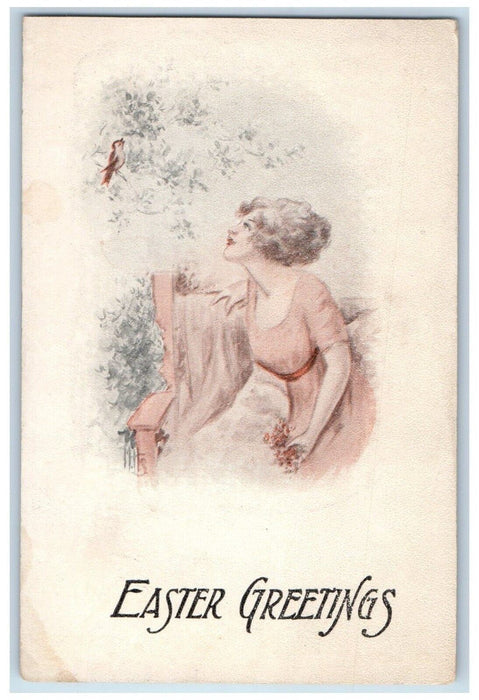 c1910's Easter Greetings Pretty Girl Singing Bird Gibson Posted Antique Postcard