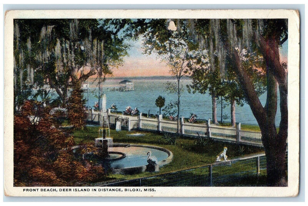 1921 Front Beach Fountain Swan Deer Island Distance Biloxi Mississippi Postcard