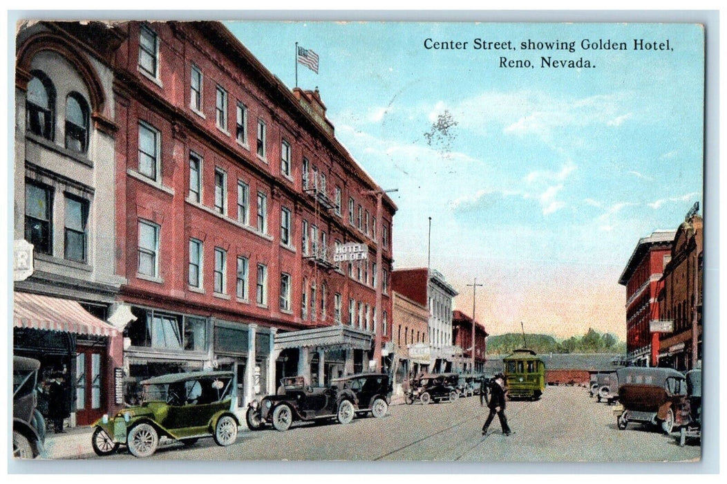 1921 Center Street Showing Golden Hotel Reno Nevada NV Vintage Antique Postcard